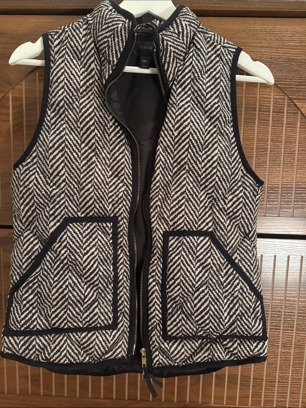 J. Crew Black and Cream Herringbone Quilted Vest with Gold Zipper